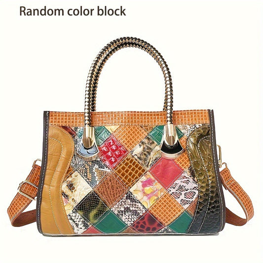 Fashion Colorblock Tote Bag - Genuine Leather Trendy Top Handle Satchel