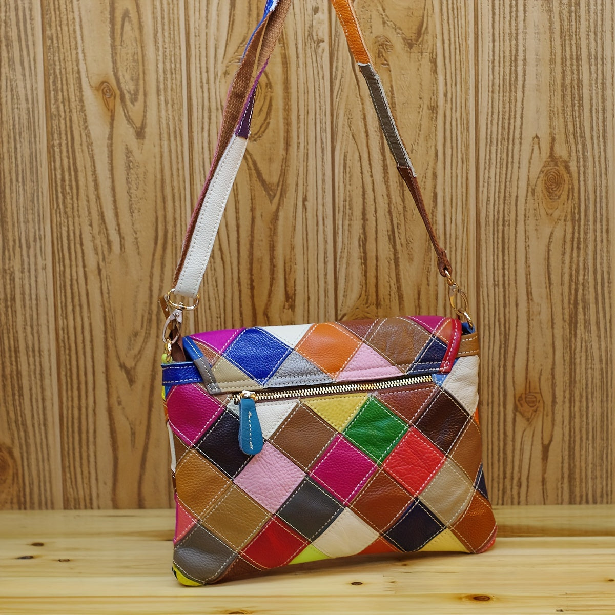 Trendy Genuine Leather Flap Crossbody Bag - Contrast Color Argyle Plaid Messenger Bag