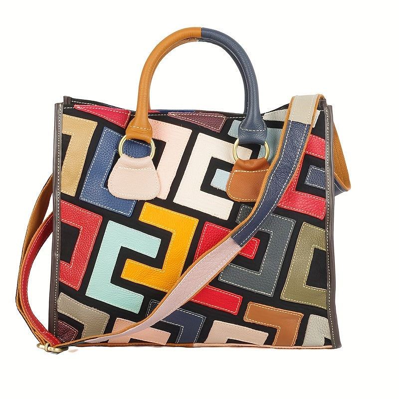 Colorblock Top Handle Satchel - Genuine Leather Fashion Handbag & Shoulder Bag