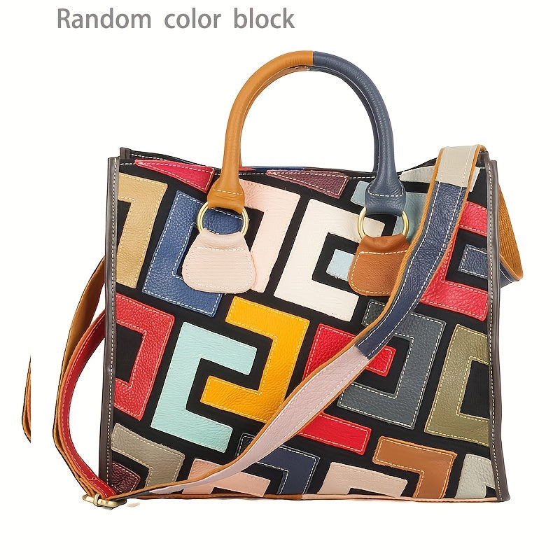 Colorblock Top Handle Satchel - Genuine Leather Fashion Handbag & Shoulder Bag